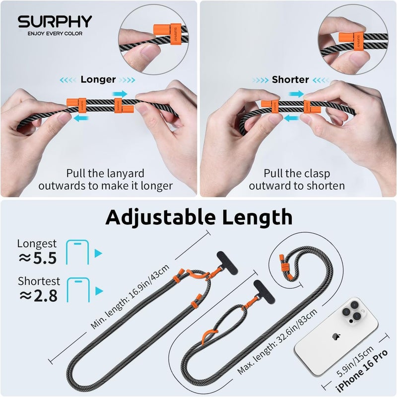 SURPHY Phone Lanyard, Adjustable Phone Strap Crossbody with 2 Pack Cell Phone Tether Tab, Premium Metal Buckles and Two-Color Braided Cell Phone Lanyard Crossbody for Women and Men, Black & Grey - Image 5